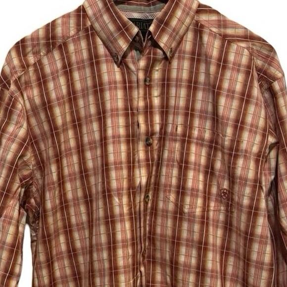 Ariat Shirt Men's orange Shirt Long Sleeve plaid Cowboy Rodeo Medium button down - Picture 2 of 6